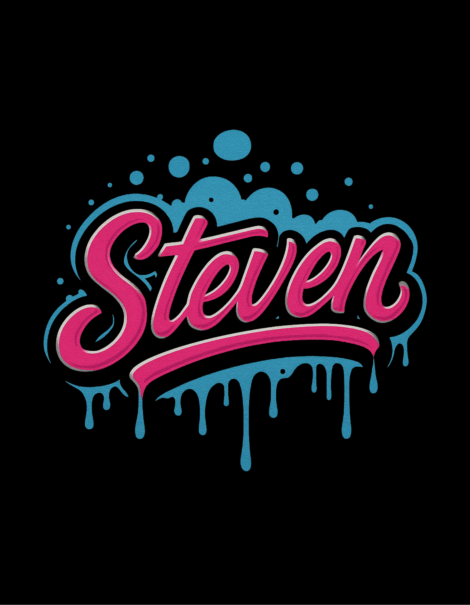 Colorful 'Steven' graphic with pink and blue design on a black background